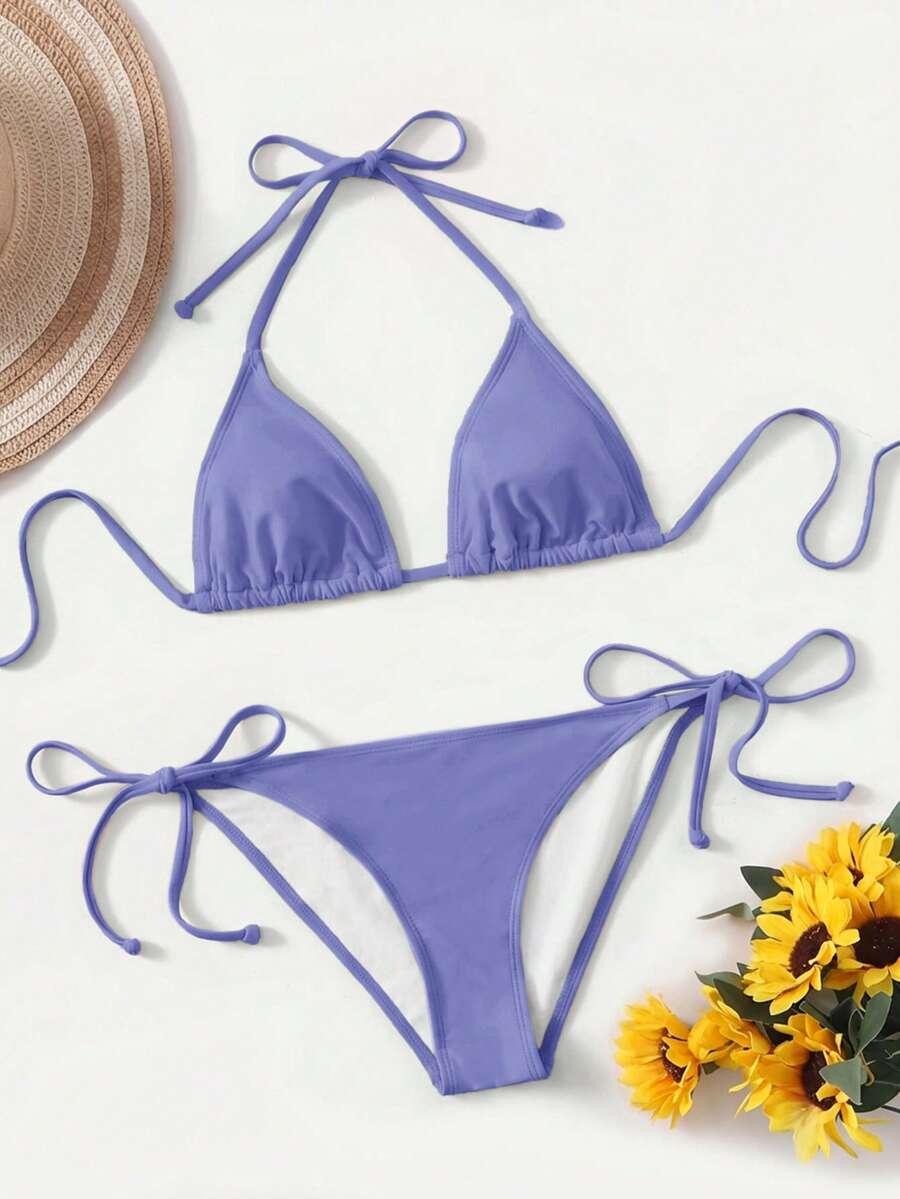 Women's high waist halter tie bikini swimwear set featuring triangle cups, wireless bra with removable padding, and tie side bottoms.