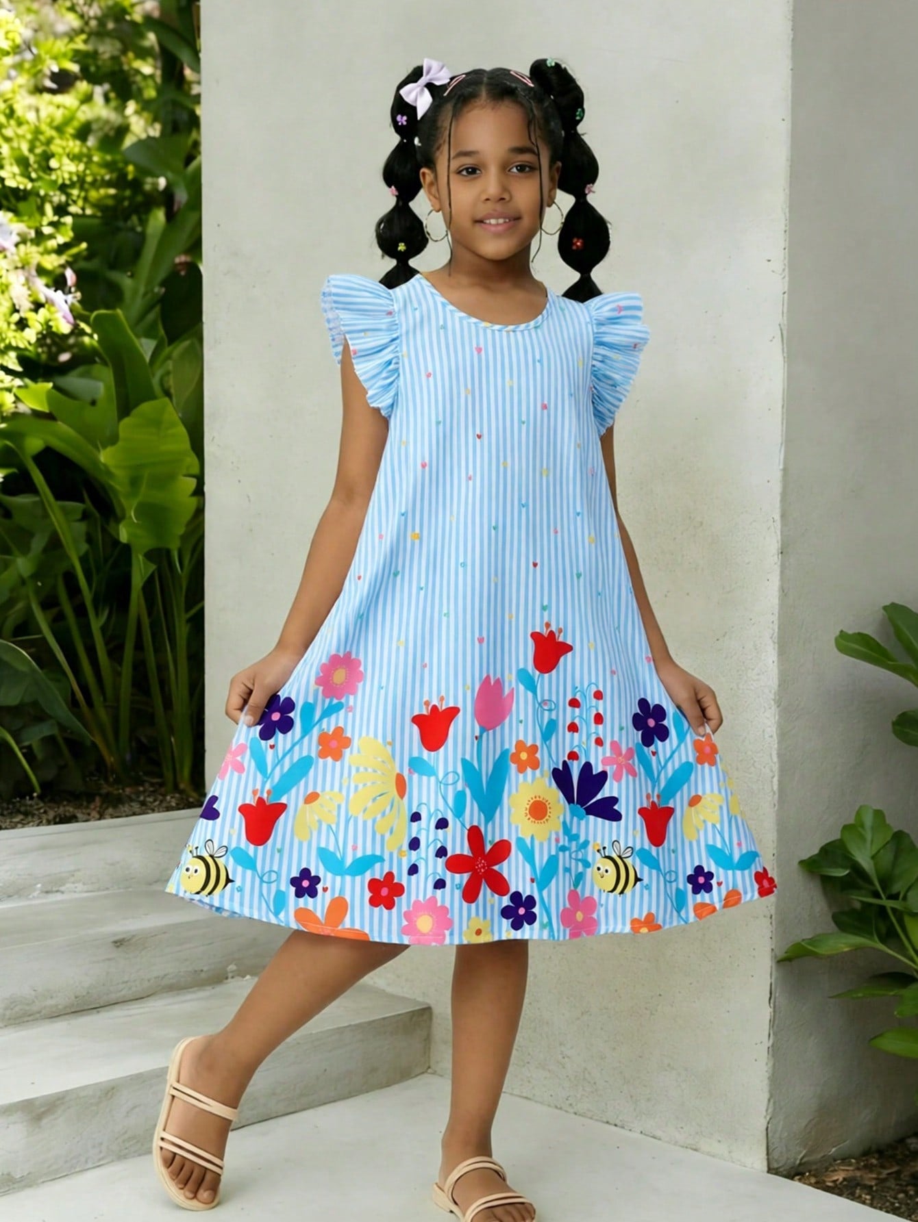 Tween girls sleeveless tropical floral mini dress in black with round neck and ruffle hem detail