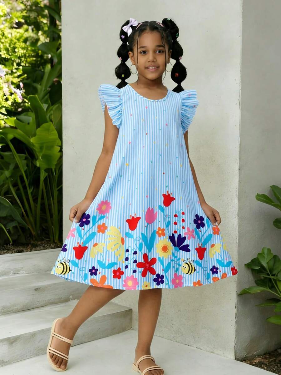 Tween girls sleeveless tropical floral mini dress in black with round neck and ruffle hem detail
