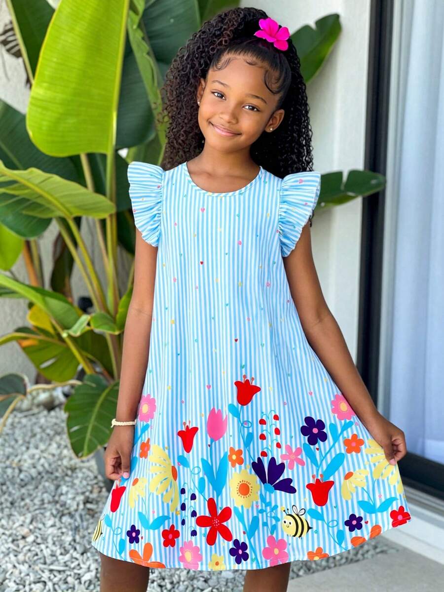 Tween girls sleeveless tropical floral mini dress in black with round neck and ruffle hem detail