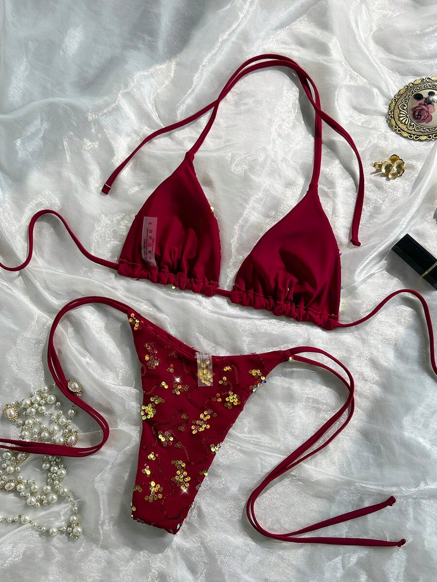 Women's sequin textured halter triangle bikini top and high-waist side tie bikini bottom swimsuit set