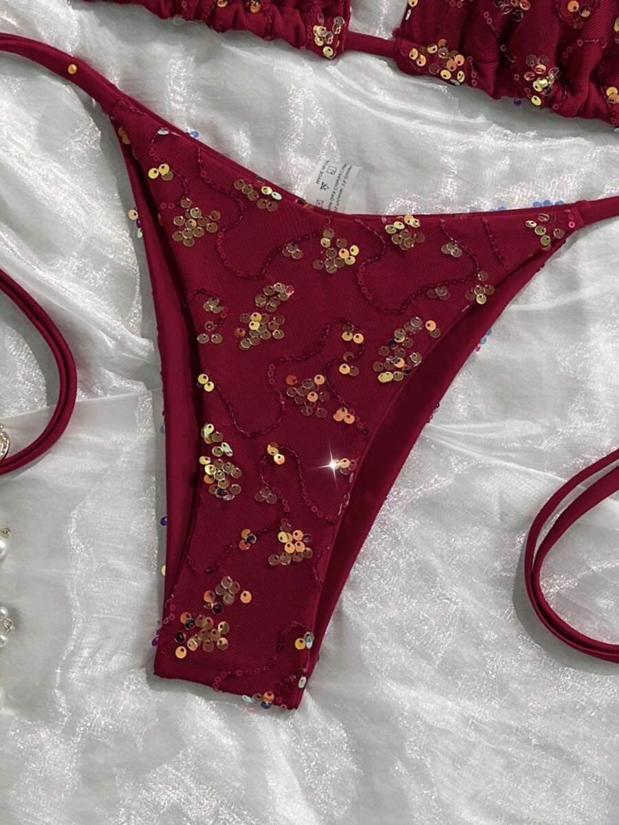 Women's sequin textured halter triangle bikini top and high-waist side tie bikini bottom swimsuit set