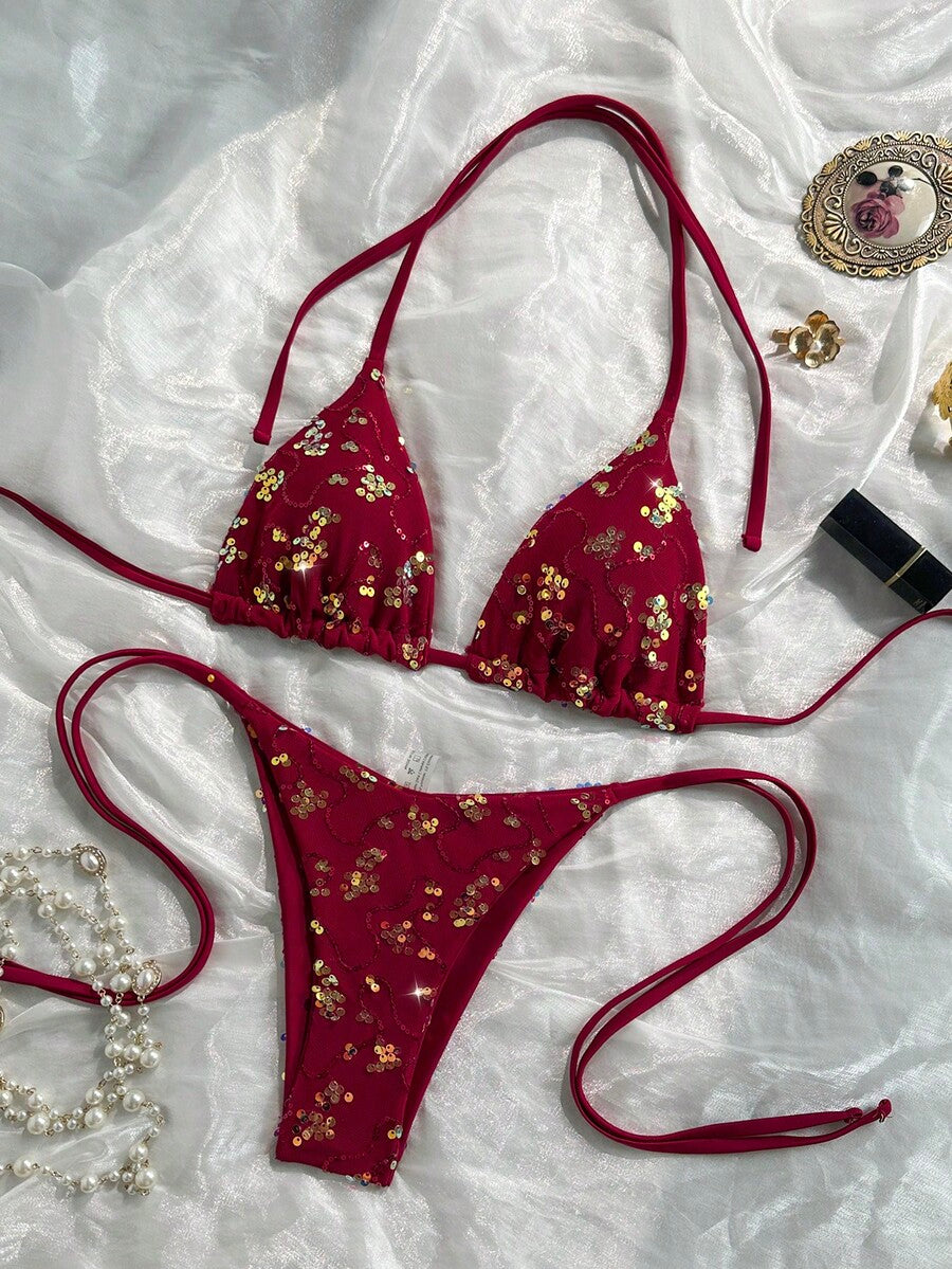 Women's sequin textured halter triangle bikini top and high-waist side tie bikini bottom swimsuit set