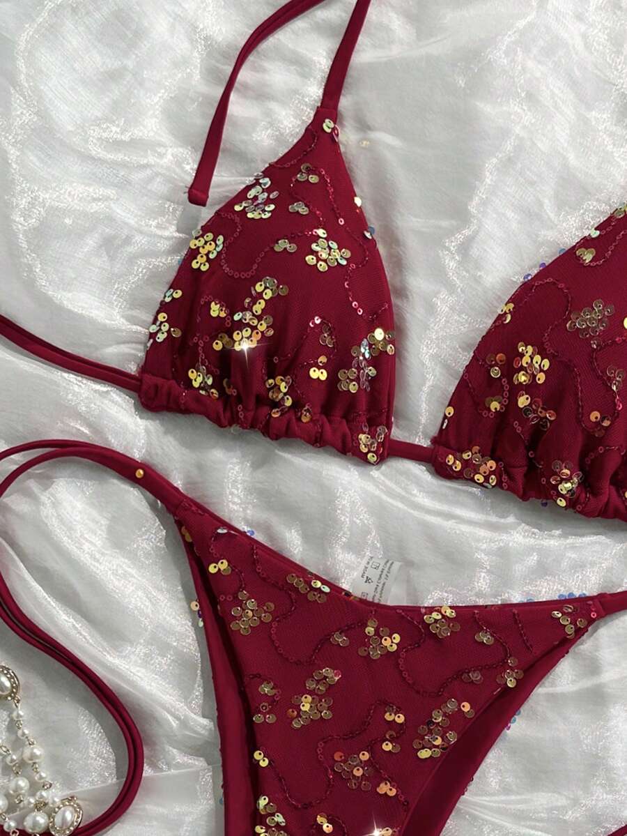 Women's sequin textured halter triangle bikini top and high-waist side tie bikini bottom swimsuit set