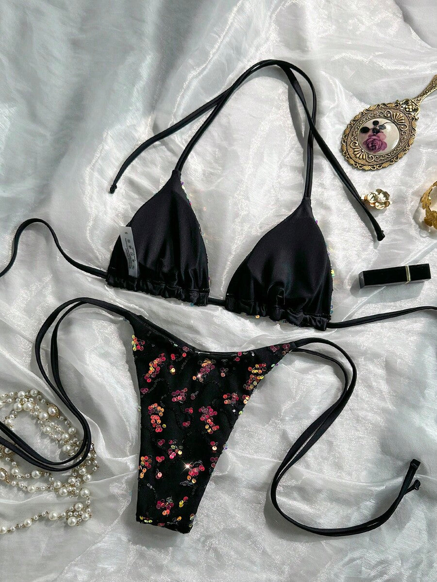 Women's sequin textured halter triangle bikini top and high-waist side tie bikini bottom swimsuit set