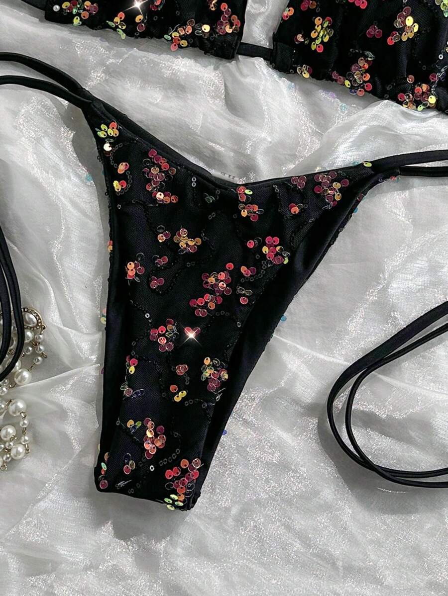 Women's sequin textured halter triangle bikini top and high-waist side tie bikini bottom swimsuit set