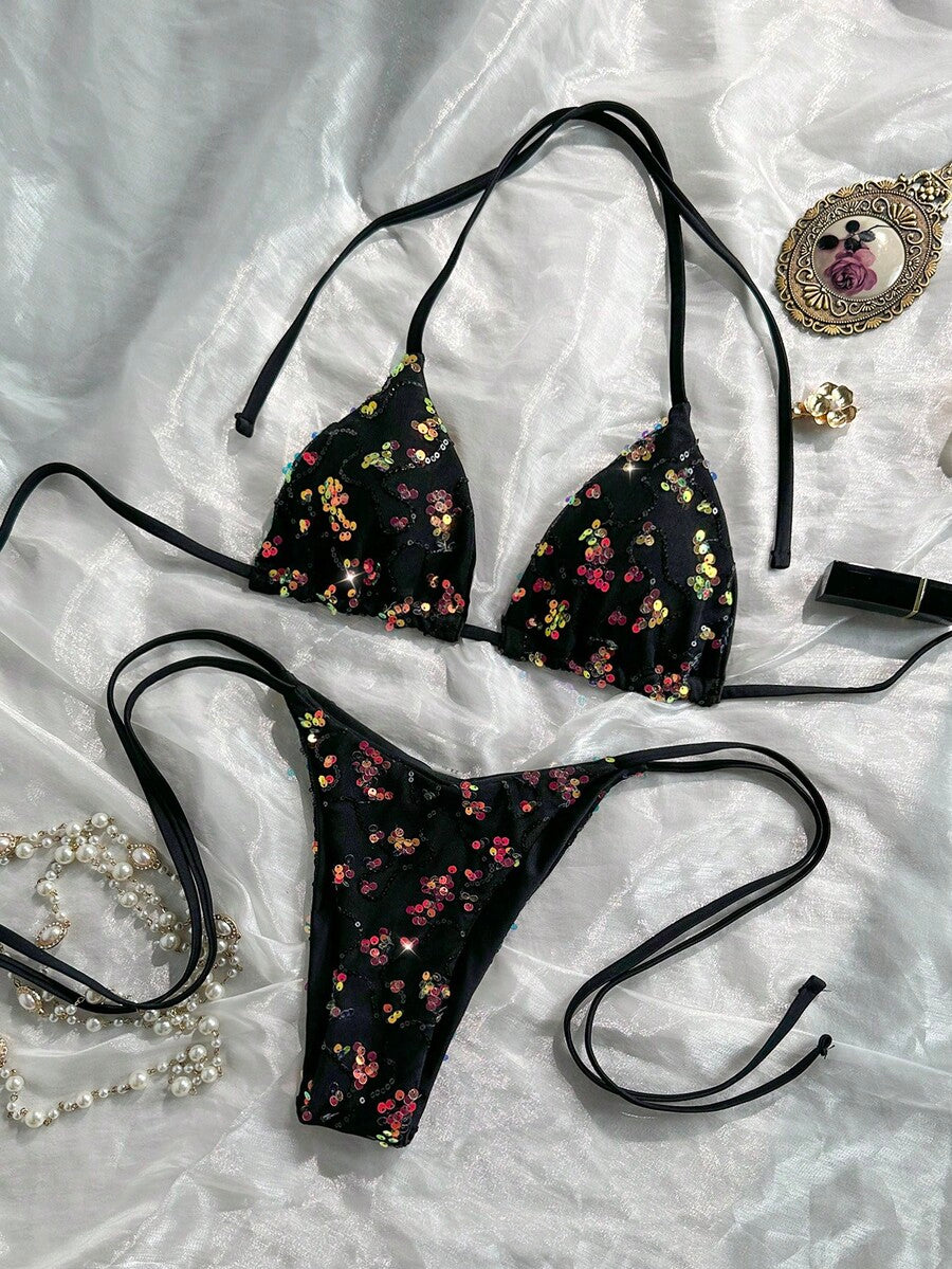 Women's sequin textured halter triangle bikini top and high-waist side tie bikini bottom swimsuit set