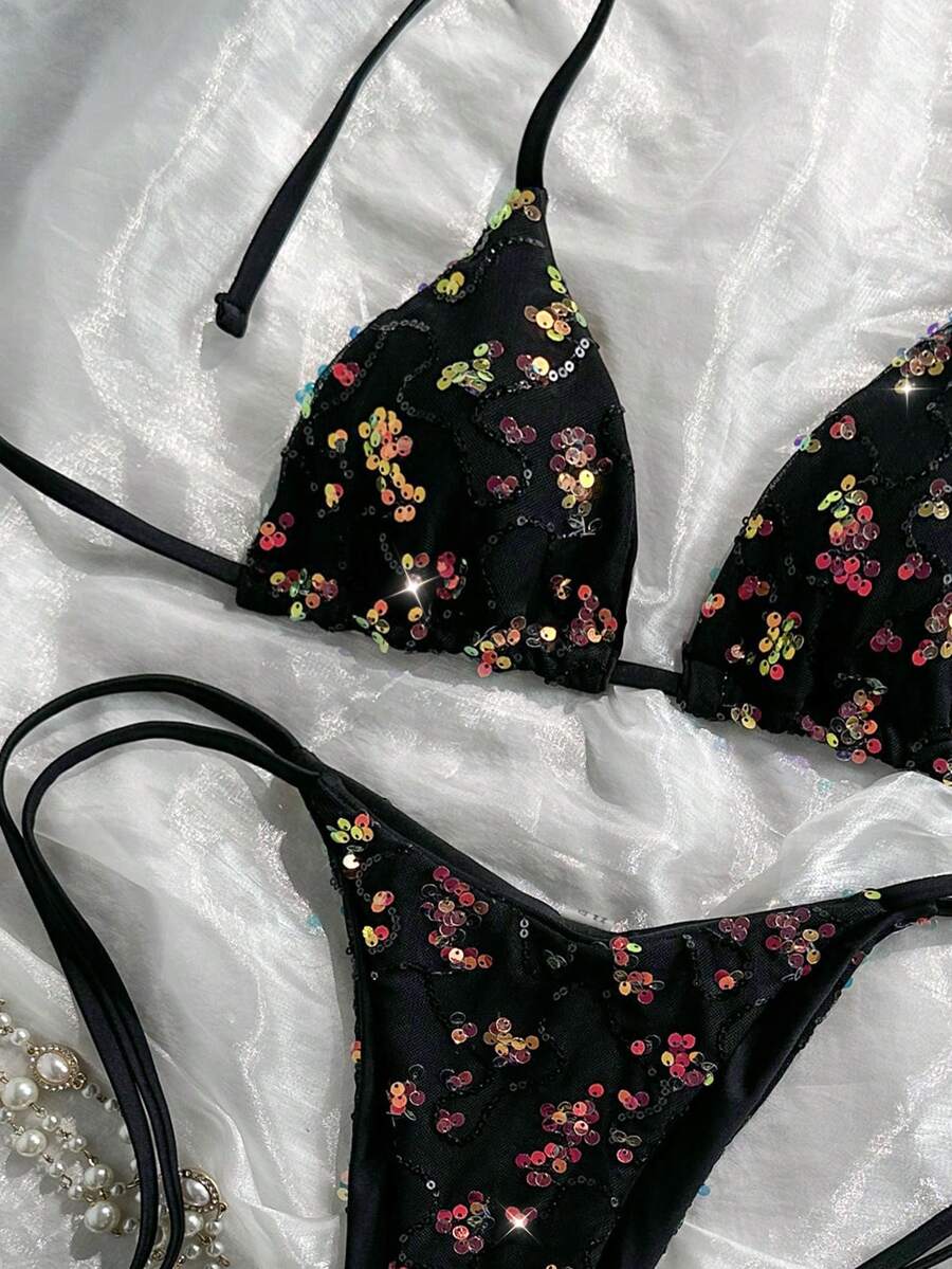 Women's sequin textured halter triangle bikini top and high-waist side tie bikini bottom swimsuit set