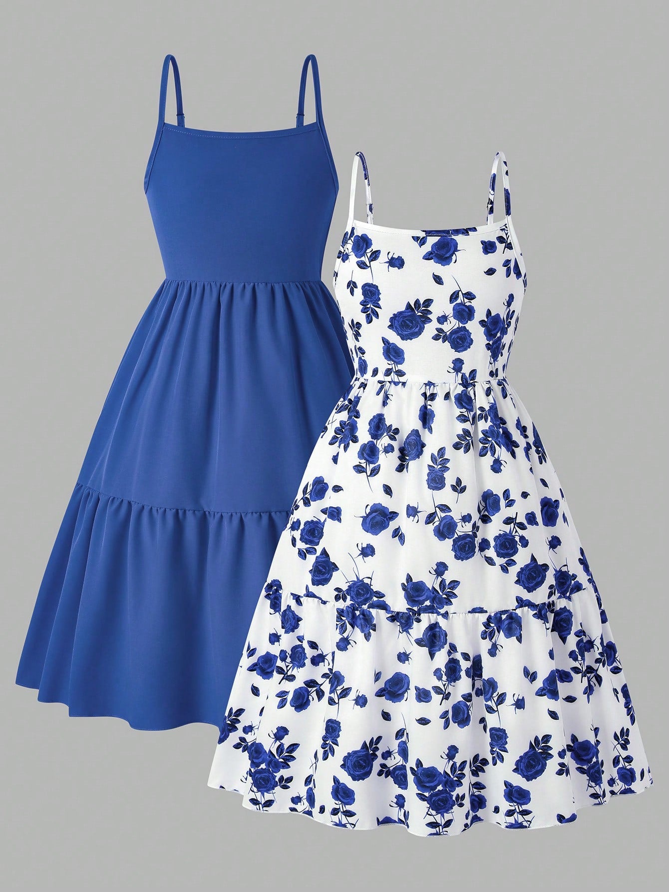 Girls' 2-piece summer sleeveless cami dress set with spaghetti straps, shirred detail, high waist, flounce hem, and multicolor fruit and plant print for vacation or beach matching outfits.