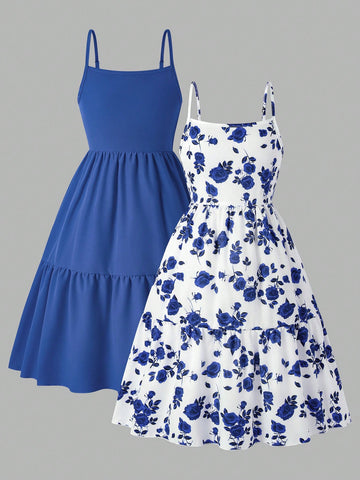 Girls' 2-piece summer sleeveless cami dress set with spaghetti straps, shirred detail, high waist, flounce hem, and multicolor fruit and plant print for vacation or beach matching outfits.