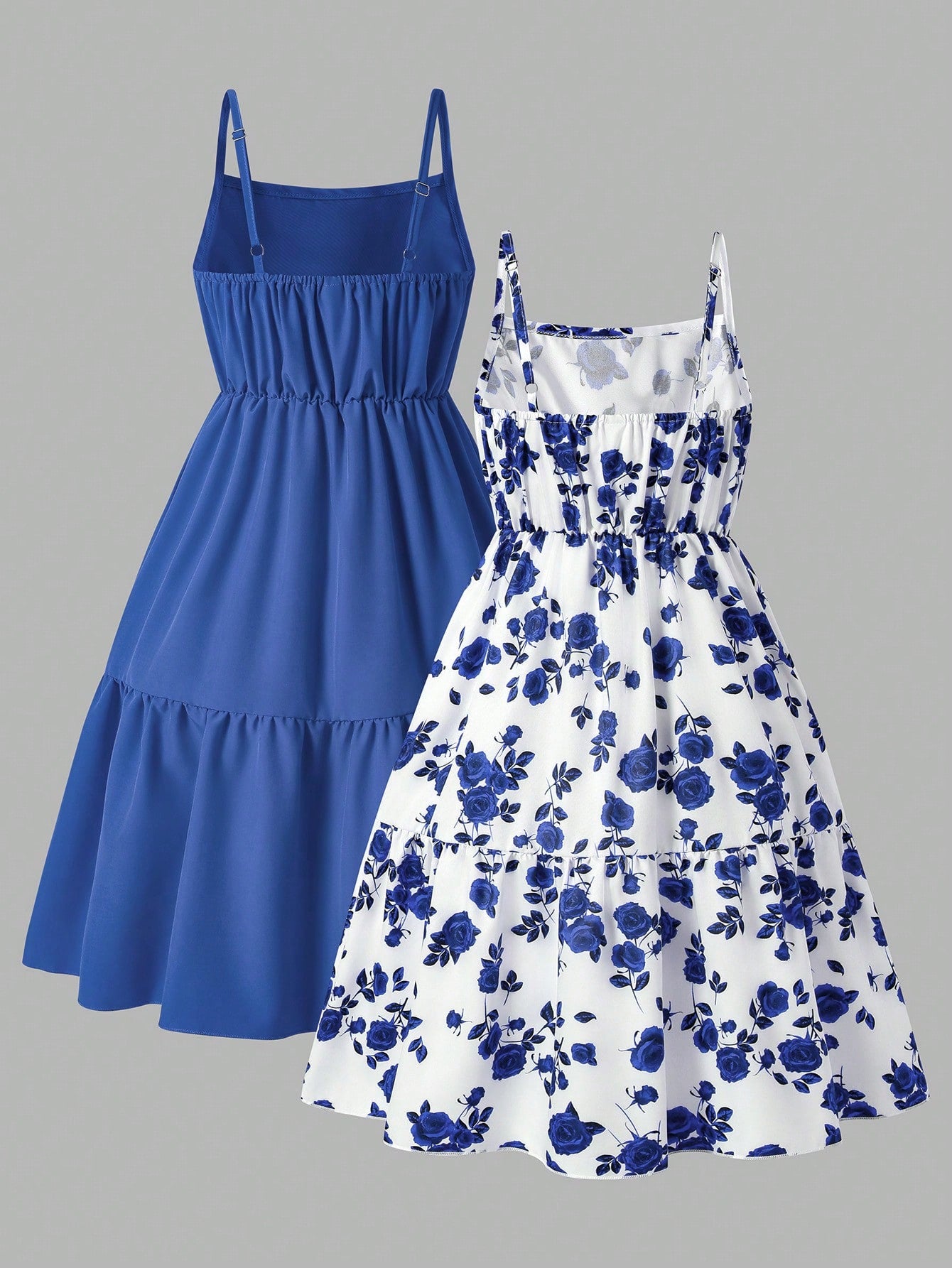 Girls' 2-piece summer sleeveless cami dress set with spaghetti straps, shirred detail, high waist, flounce hem, and multicolor fruit and plant print for vacation or beach matching outfits.