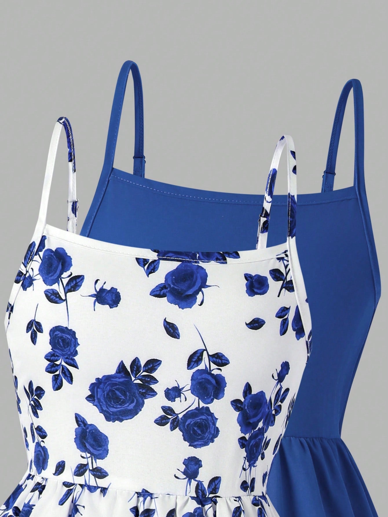 Girls' 2-piece summer sleeveless cami dress set with spaghetti straps, shirred detail, high waist, flounce hem, and multicolor fruit and plant print for vacation or beach matching outfits.