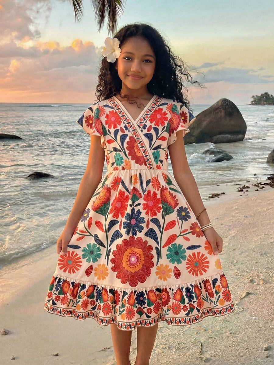Tween girl wearing a black ditsy floral A-line short dress with V-neckline and flounce short sleeves.