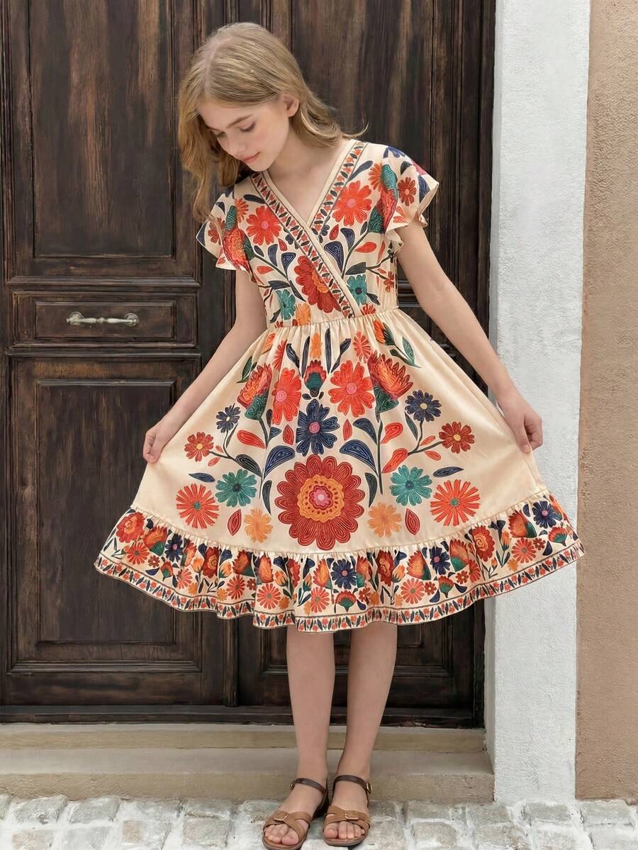 Tween girl wearing a black ditsy floral A-line short dress with V-neckline and flounce short sleeves.