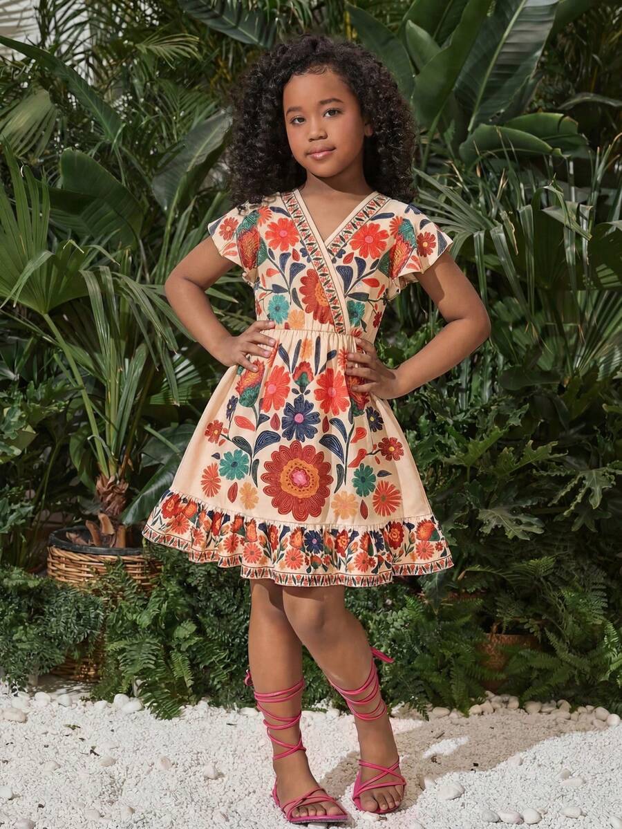 Tween girl wearing a black ditsy floral A-line short dress with V-neckline and flounce short sleeves.