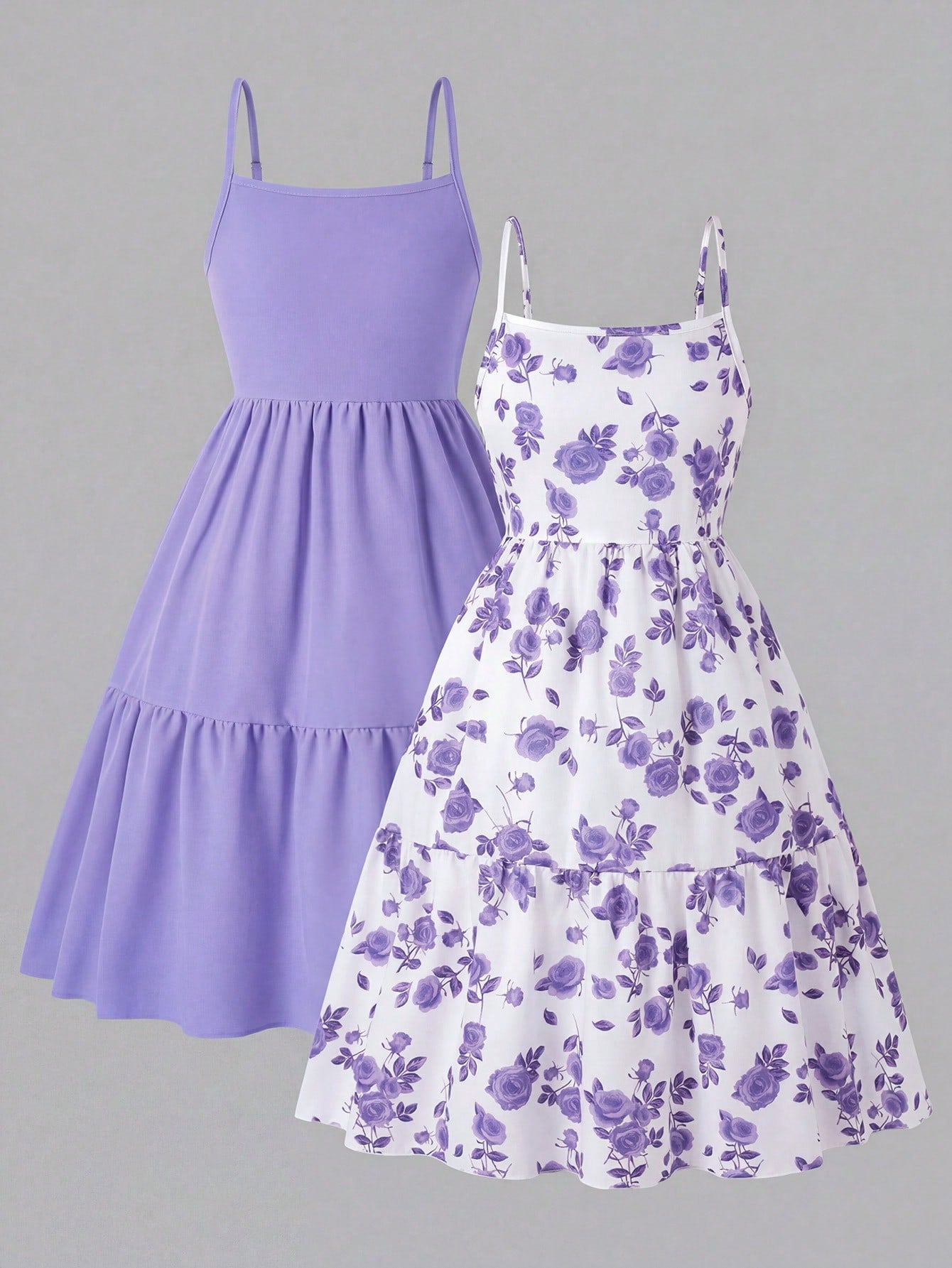 Girls' 2-piece summer sleeveless cami dress set with spaghetti straps, shirred detail, high waist, flounce hem, and multicolor fruit and plant print for vacation or beach matching outfits.