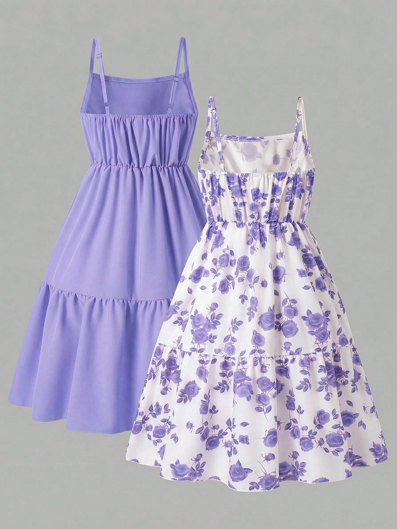 Girls' 2-piece summer sleeveless cami dress set with spaghetti straps, shirred detail, high waist, flounce hem, and multicolor fruit and plant print for vacation or beach matching outfits.
