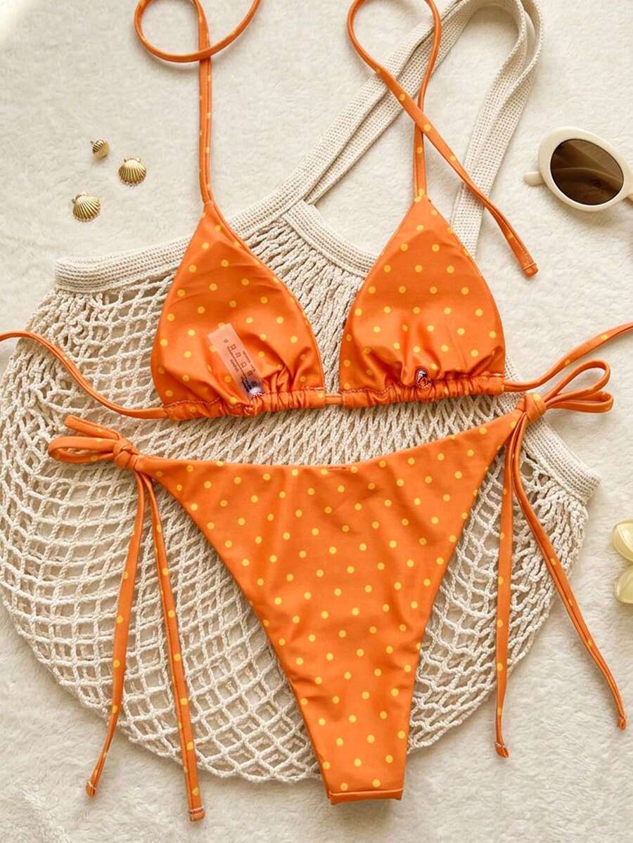 Women's high waist 2-piece triangle bikini set featuring colorblock trim, halter neckline, wireless bra with removable padding, and tie-side bottoms.