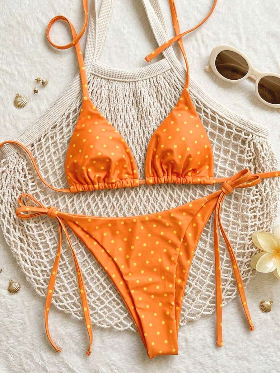 Women's high waist 2-piece triangle bikini set featuring colorblock trim, halter neckline, wireless bra with removable padding, and tie-side bottoms.