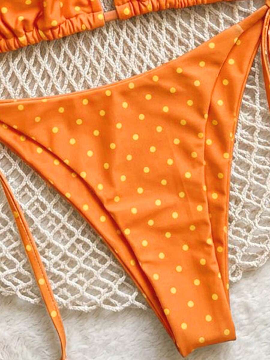 Women's high waist 2-piece triangle bikini set featuring colorblock trim, halter neckline, wireless bra with removable padding, and tie-side bottoms.