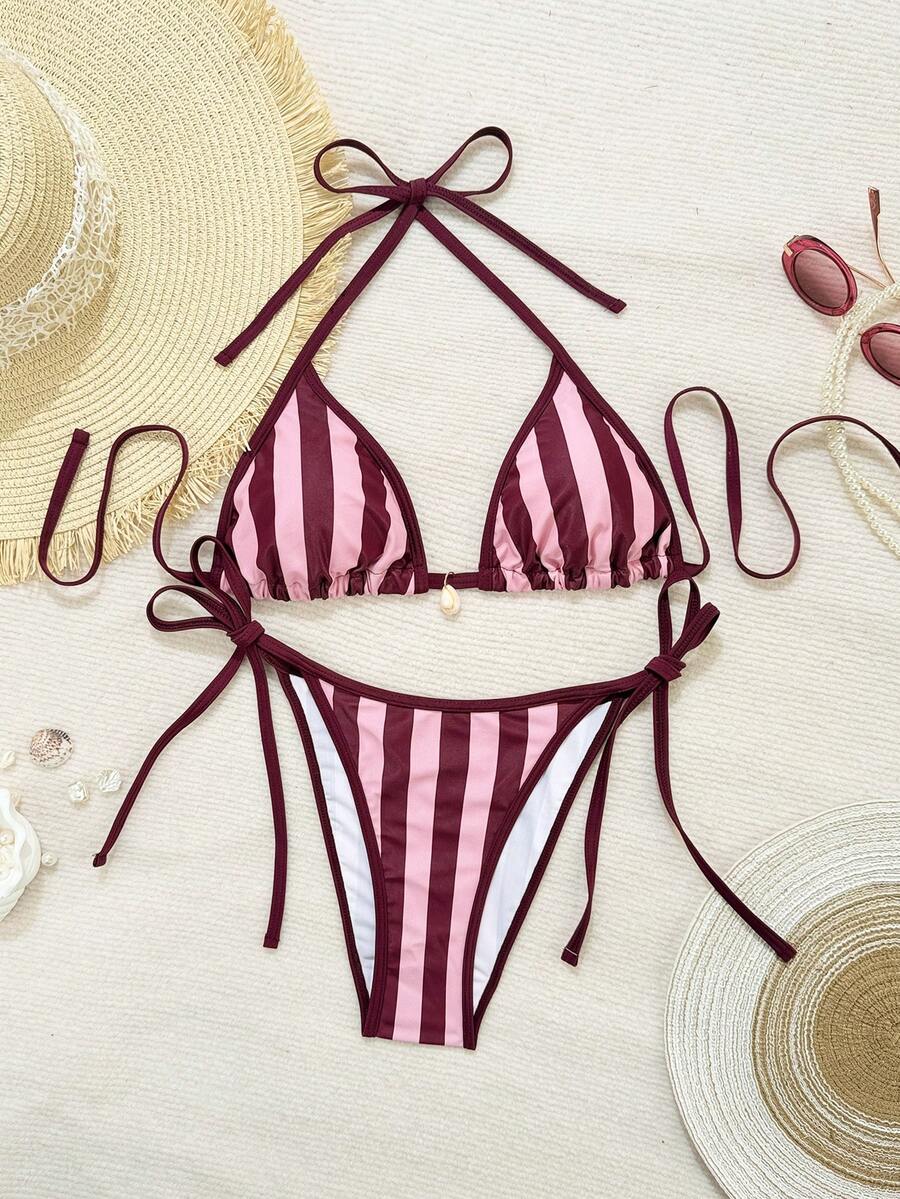 Women's apricot solid halter tie bikini top with triangle cups and matching tie-side swimsuit bottoms.