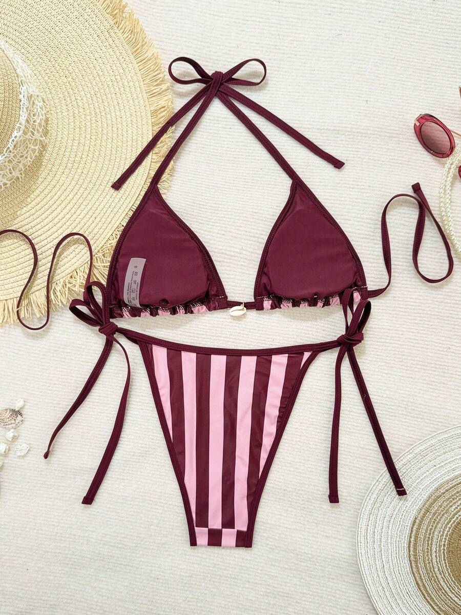 Women's apricot solid halter tie bikini top with triangle cups and matching tie-side swimsuit bottoms.