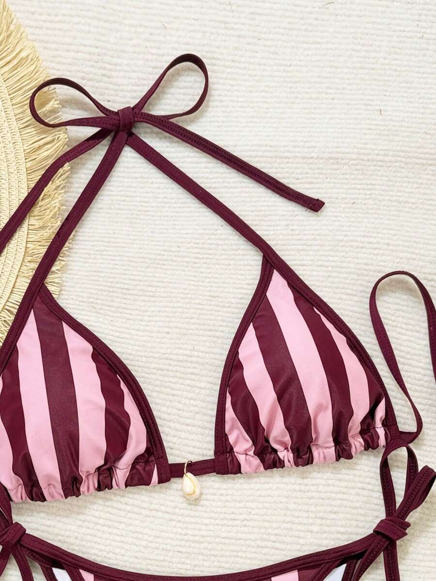 Women's apricot solid halter tie bikini top with triangle cups and matching tie-side swimsuit bottoms.