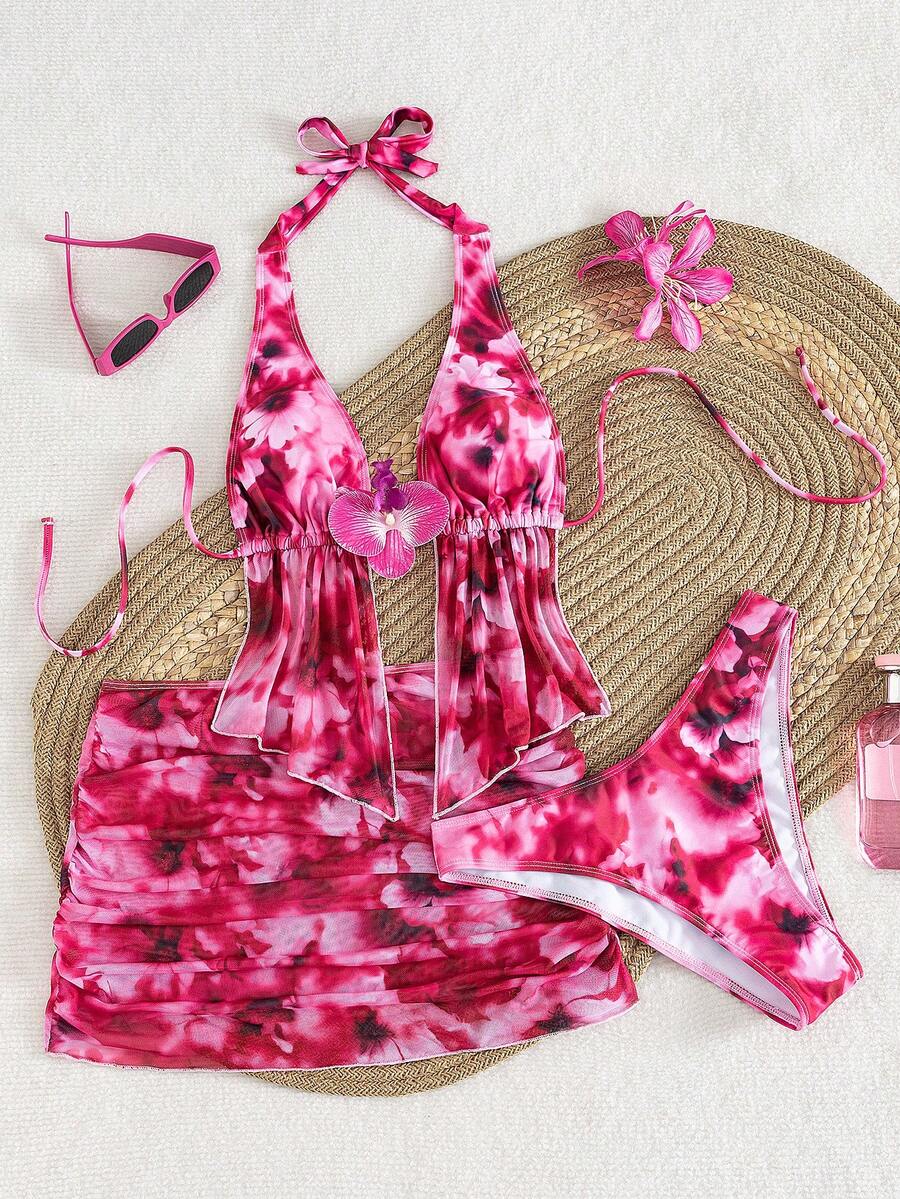 Women's 3-piece floral bikini set featuring a multicolor plant print halter top with 3D rose detail, matching bikini bottoms, and short skirt cover-up