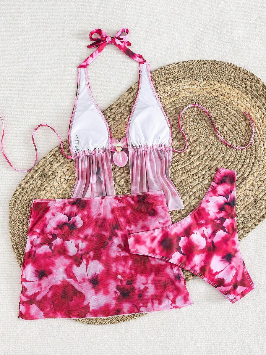Women's 3-piece floral bikini set featuring a multicolor plant print halter top with 3D rose detail, matching bikini bottoms, and short skirt cover-up