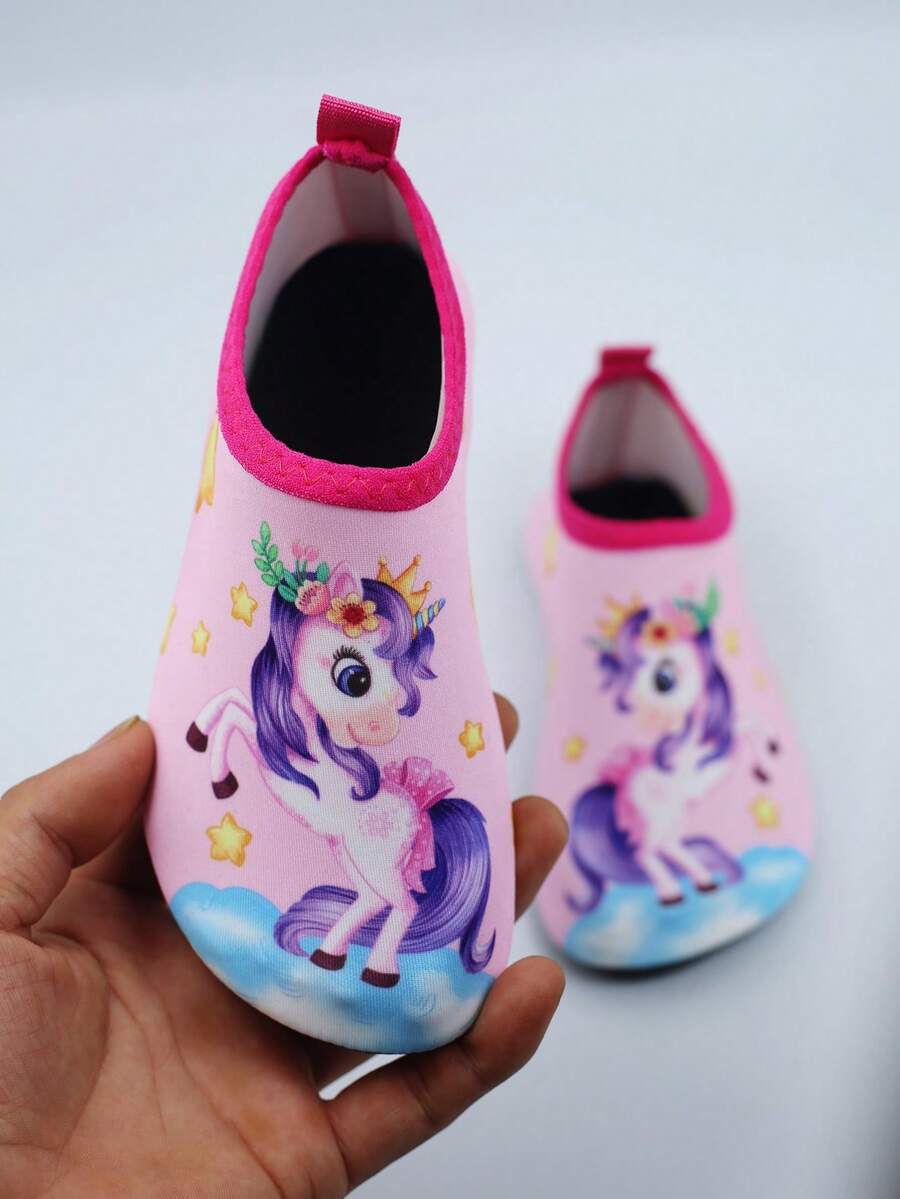 Multicolor kids slip-on water shoes with breathable Lycra upper and non-slip TPR outsole for boys and girls.