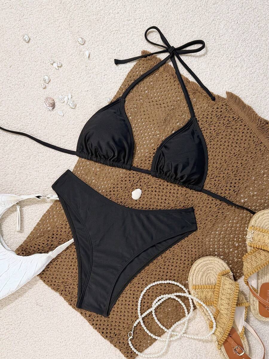 Women's apricot 2-piece halter bikini set featuring a wireless triangle top with tie-back detail and high-waisted high-cut bottoms.