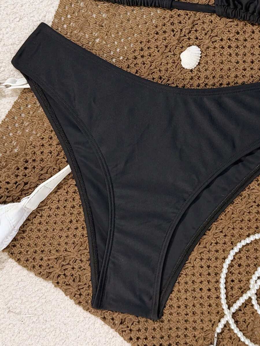 Women's apricot 2-piece halter bikini set featuring a wireless triangle top with tie-back detail and high-waisted high-cut bottoms.