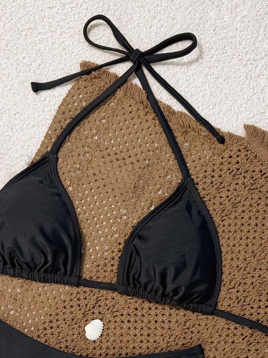 Women's apricot 2-piece halter bikini set featuring a wireless triangle top with tie-back detail and high-waisted high-cut bottoms.