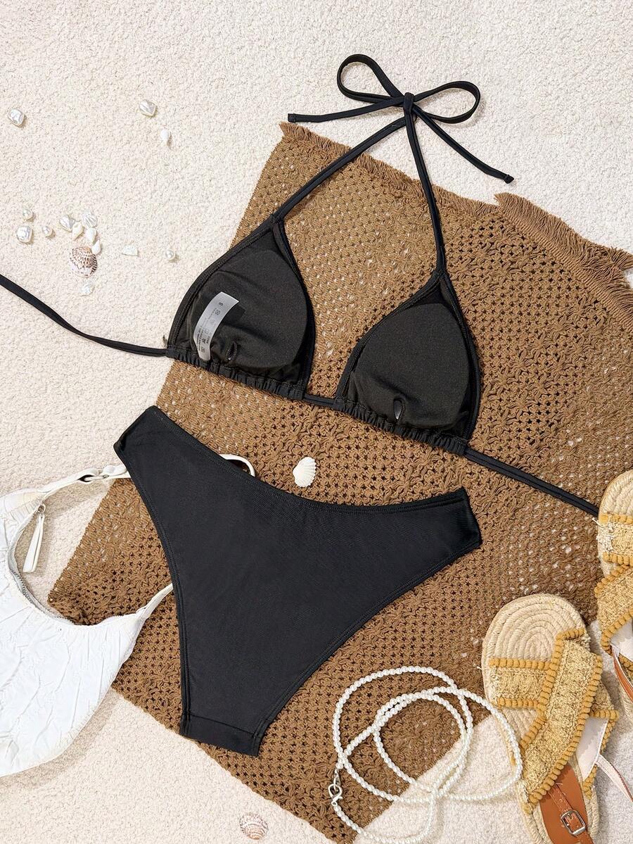 Women's apricot 2-piece halter bikini set featuring a wireless triangle top with tie-back detail and high-waisted high-cut bottoms.