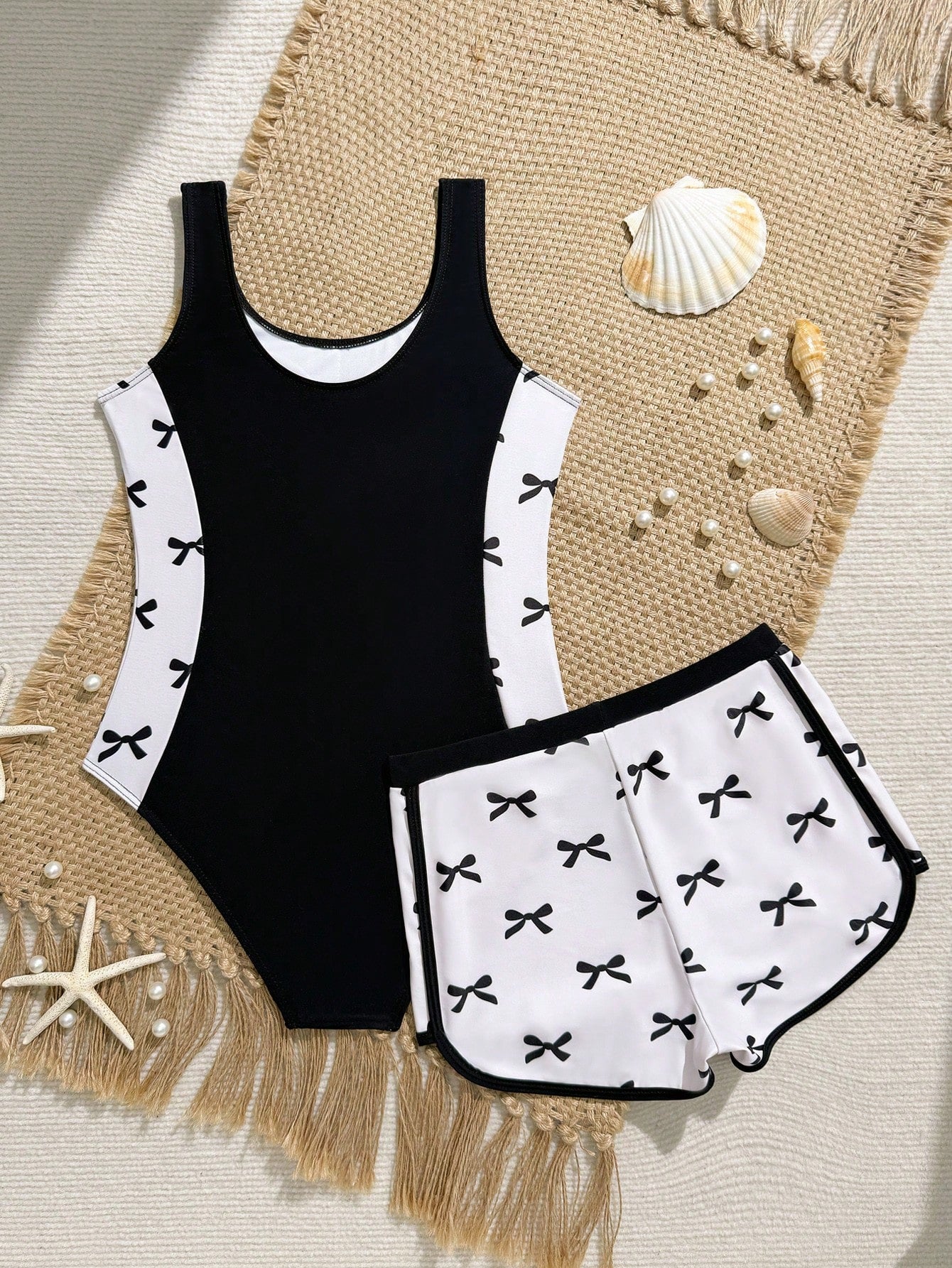 Tween girls 2-piece swimsuit set in black with full floral and plant print, featuring a sleeveless scoop-neck swim top and matching shorts-style bottoms.