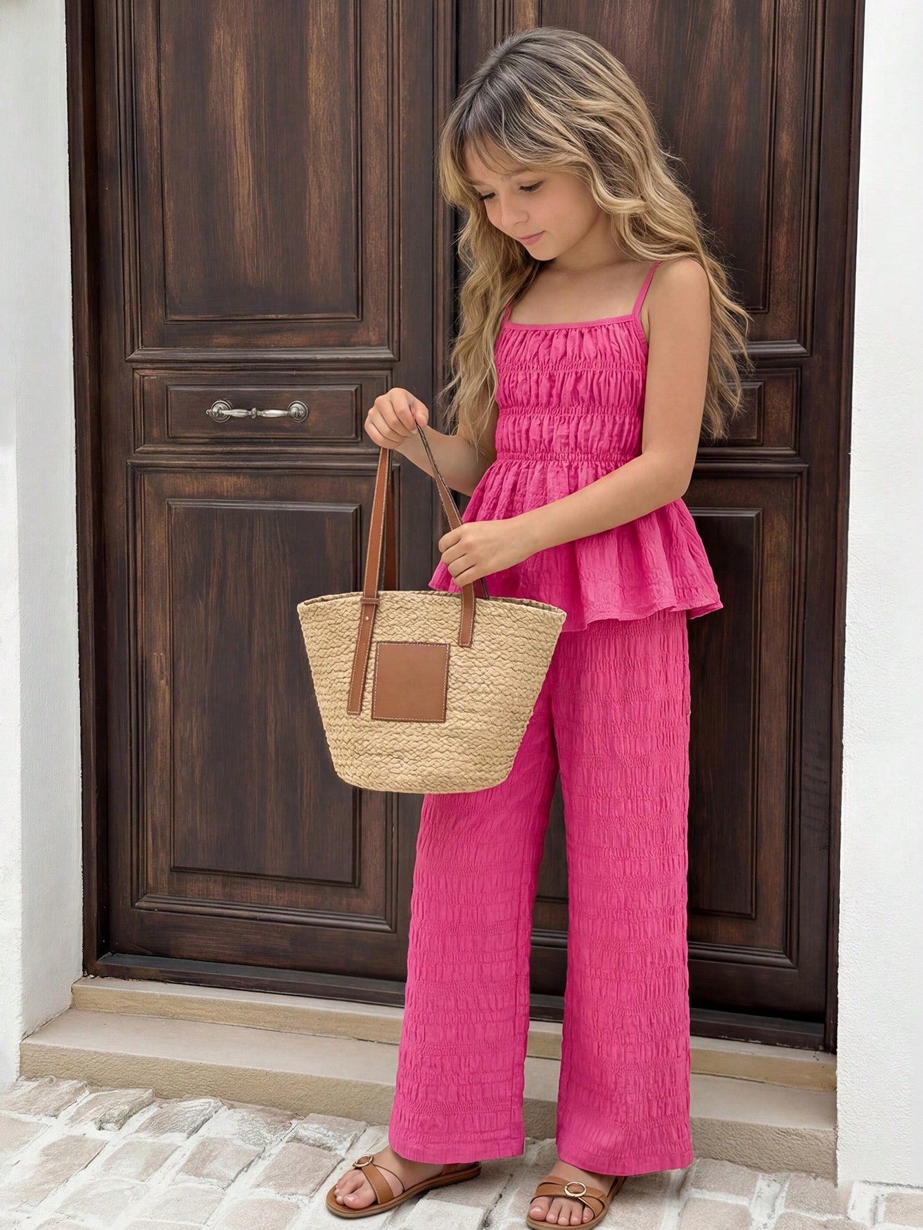 Tween girl wearing an apricot 2-piece outfit set featuring a shirred spaghetti strap short cami top and matching wide-leg long pants.