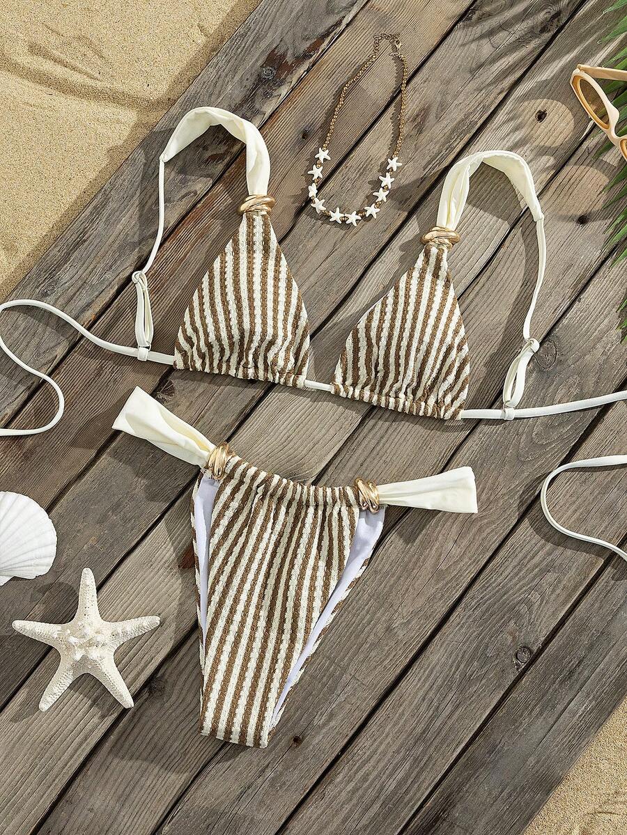 Multicolor colorblock bikini set for women featuring a wireless triangle bra top with shoulder straps and ring knot details paired with high waist high cut bottoms.