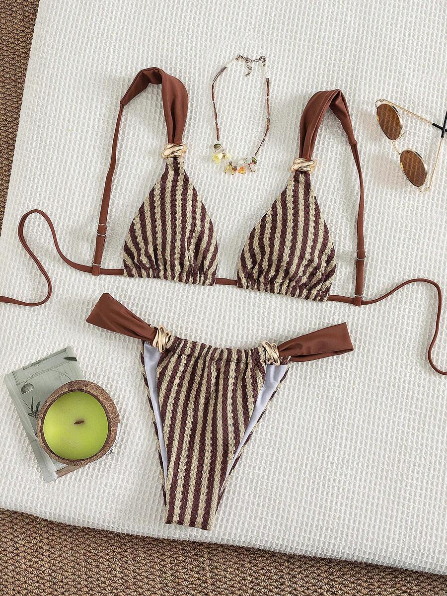 Multicolor colorblock bikini set for women featuring a wireless triangle bra top with shoulder straps and ring knot details paired with high waist high cut bottoms.