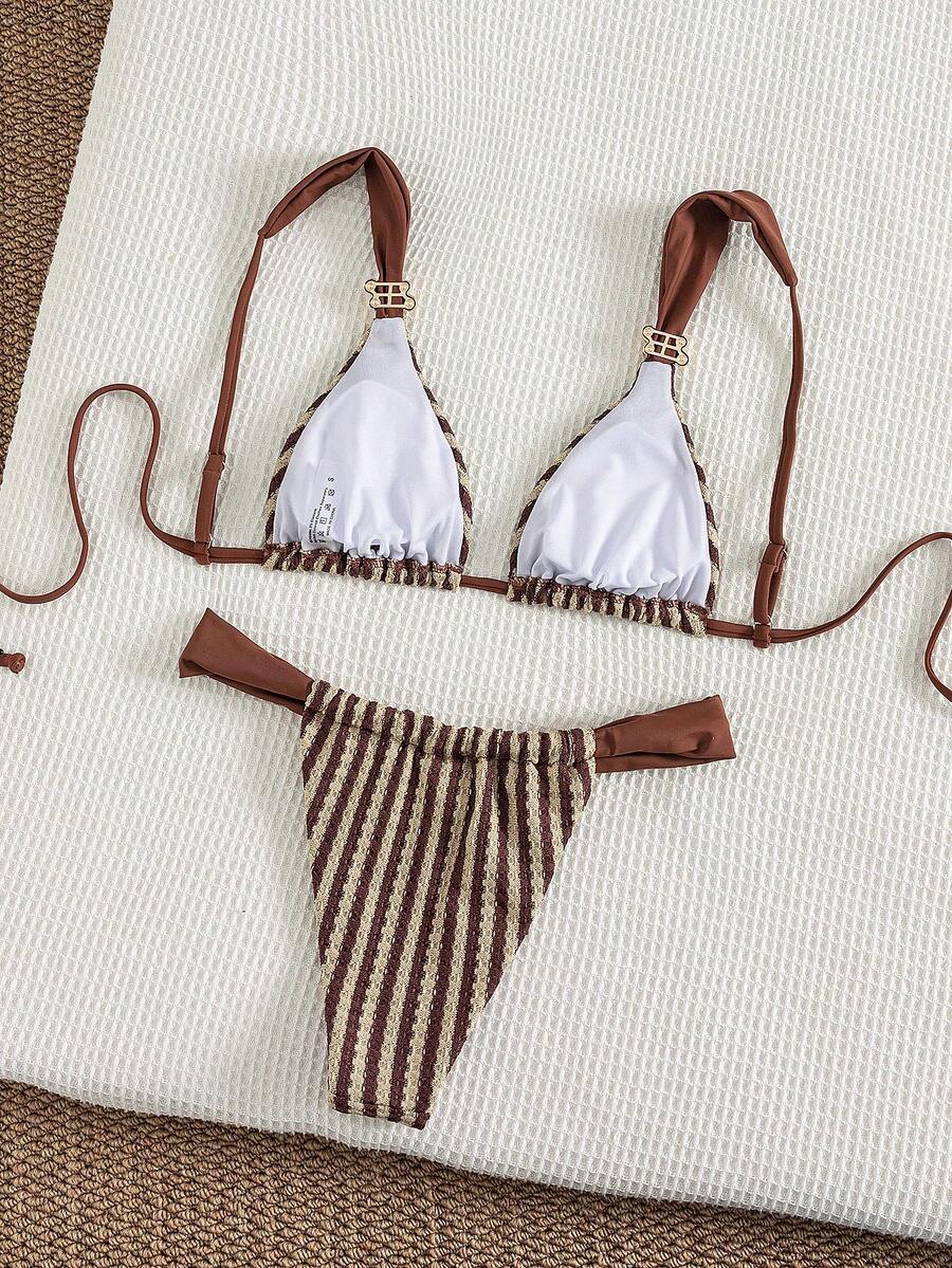 Multicolor colorblock bikini set for women featuring a wireless triangle bra top with shoulder straps and ring knot details paired with high waist high cut bottoms.
