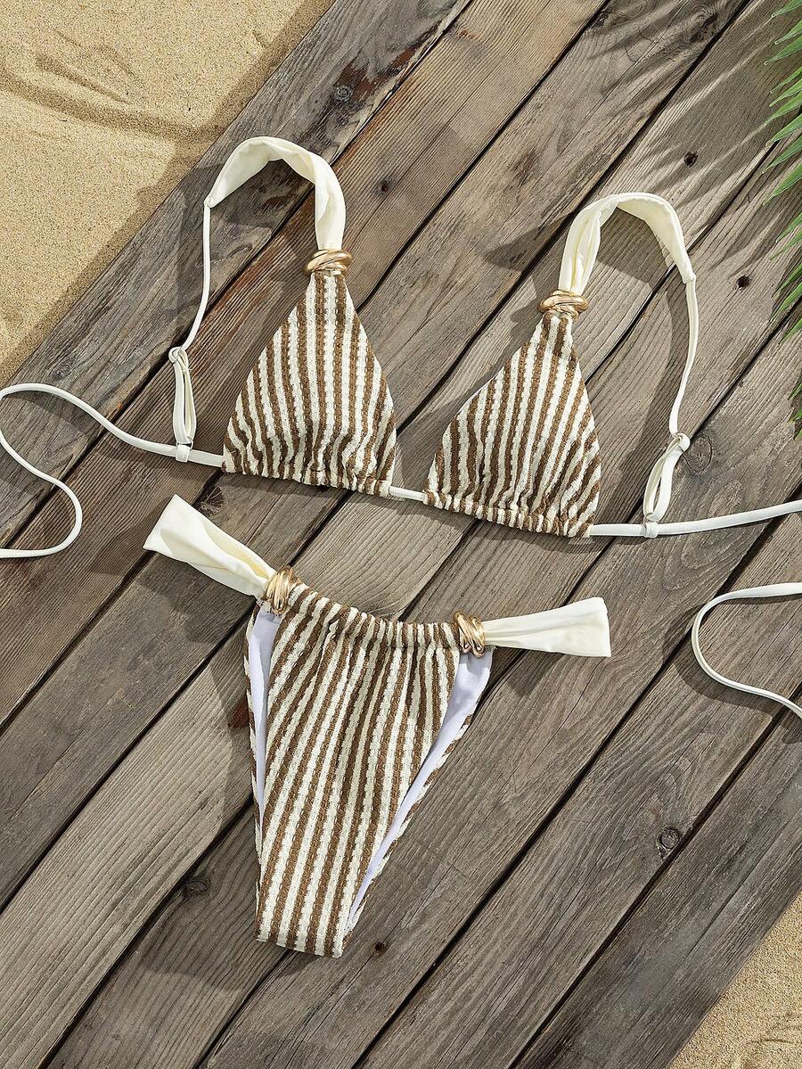 Multicolor colorblock bikini set for women featuring a wireless triangle bra top with shoulder straps and ring knot details paired with high waist high cut bottoms.