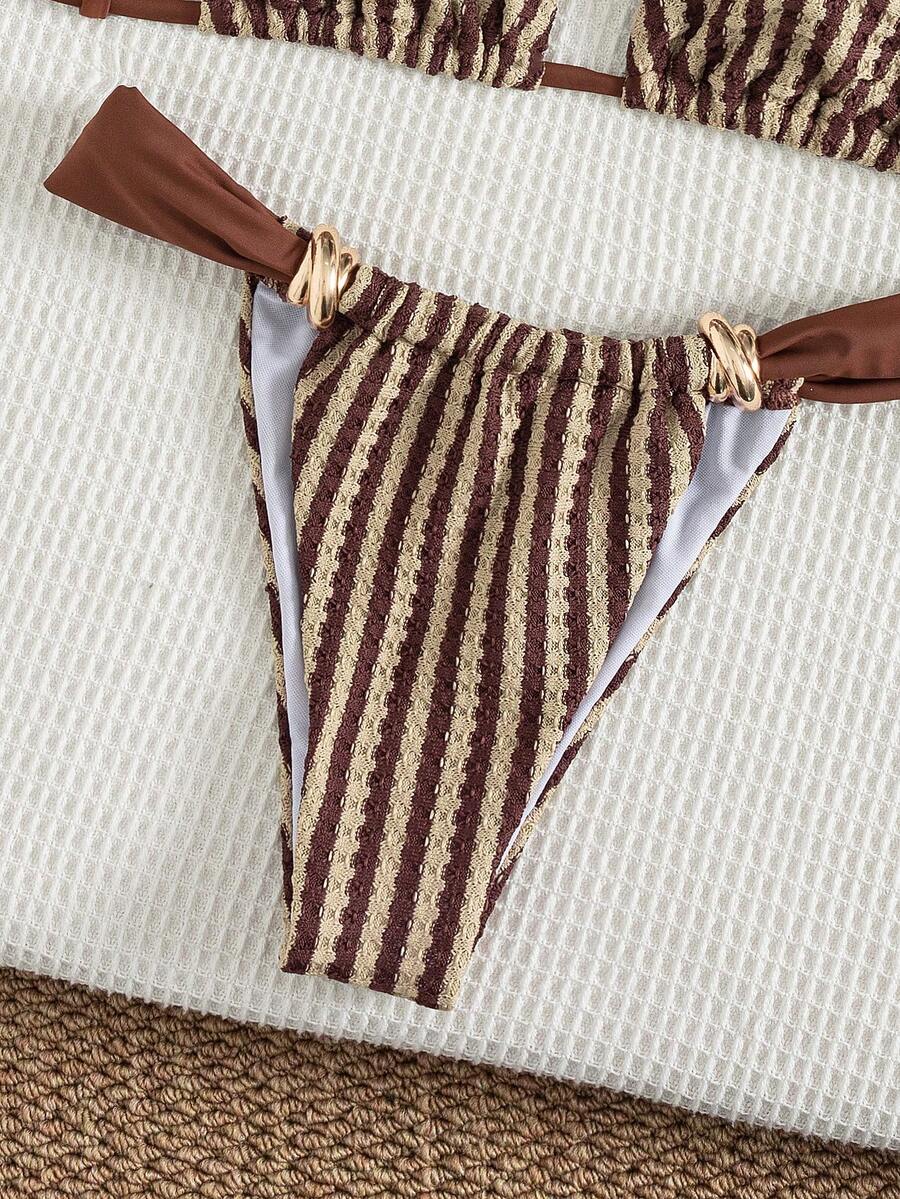 Multicolor colorblock bikini set for women featuring a wireless triangle bra top with shoulder straps and ring knot details paired with high waist high cut bottoms.