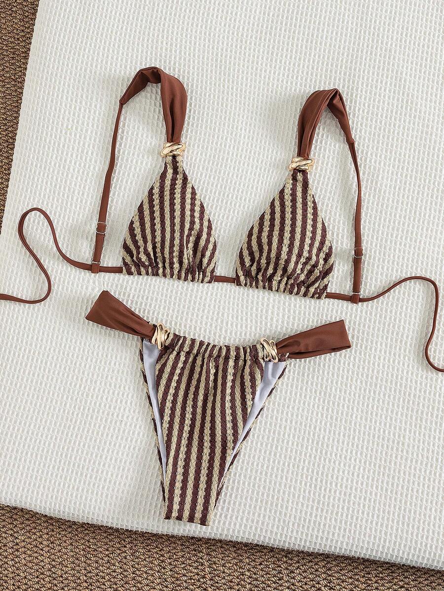 Multicolor colorblock bikini set for women featuring a wireless triangle bra top with shoulder straps and ring knot details paired with high waist high cut bottoms.