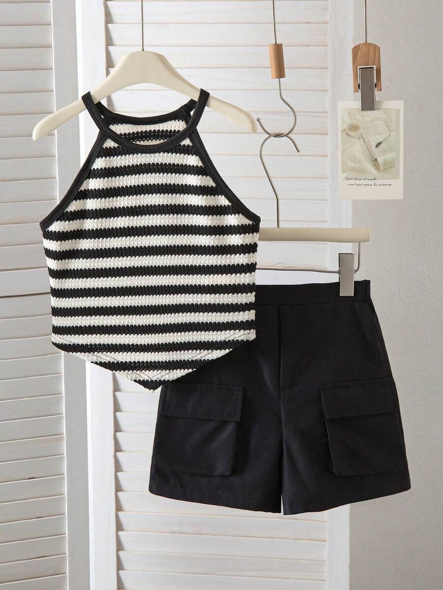 Girls 2-piece vacation outfit set with sleeveless halter knit crop top and graphic cargo shorts.