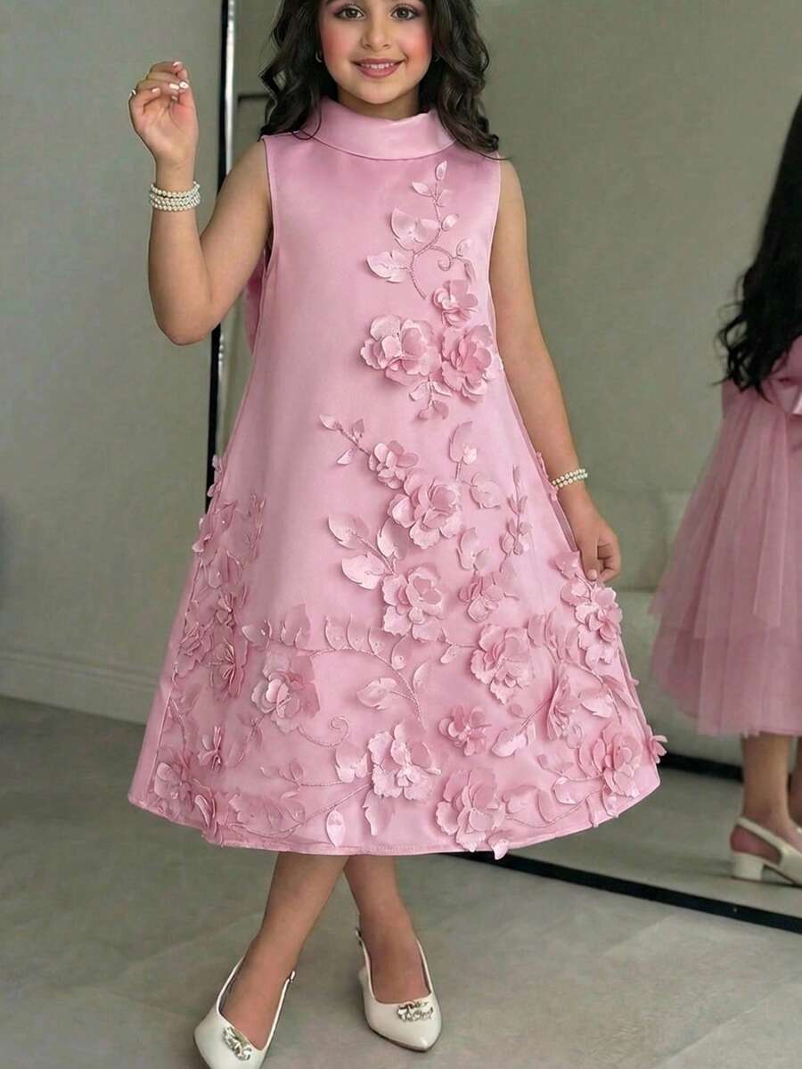 Apricot sleeveless embroidery mesh tunic princess dress for tween girls featuring appliques, stand collar, zipper closure, and short straight hem.