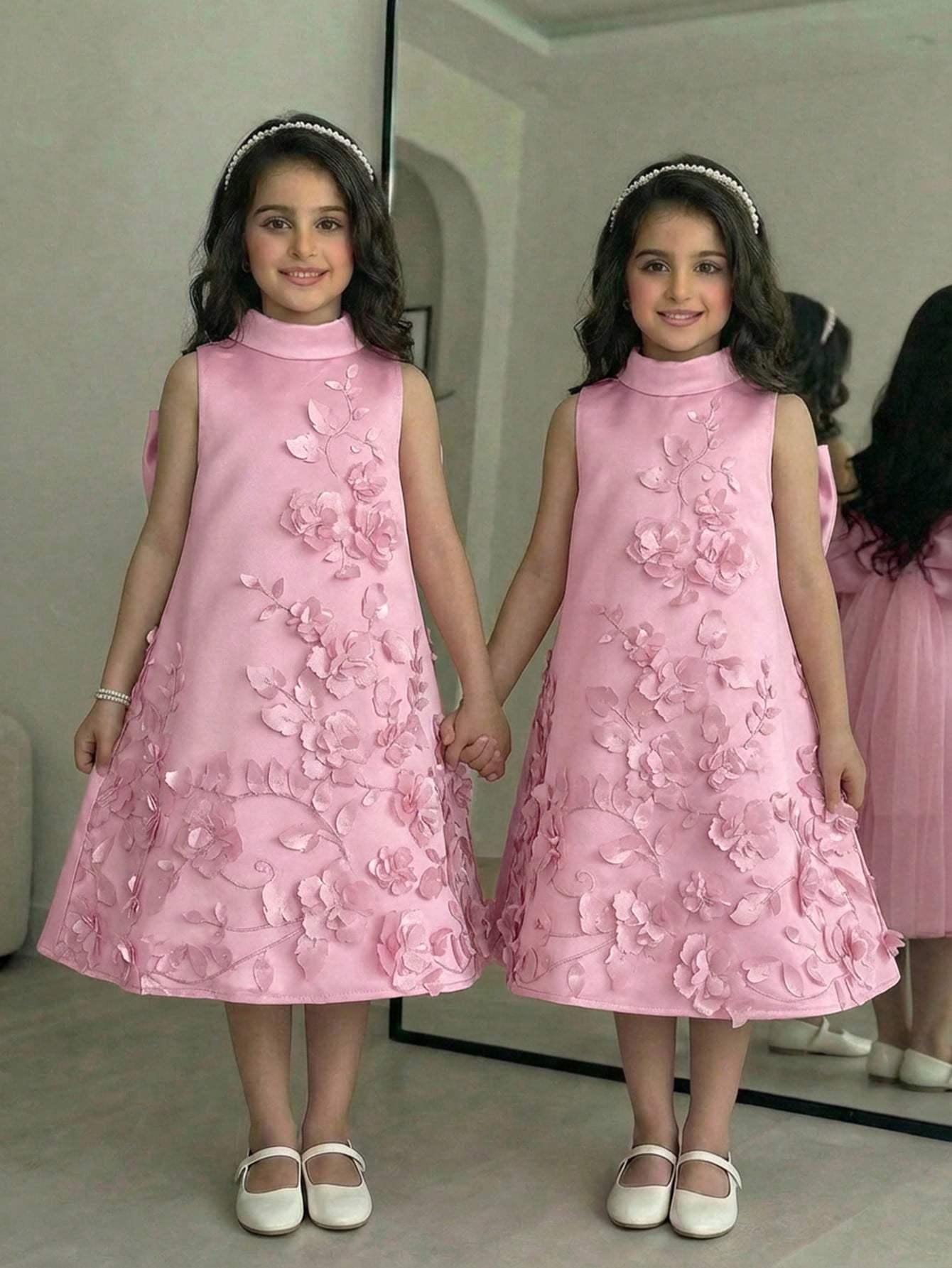 Apricot sleeveless embroidery mesh tunic princess dress for tween girls featuring appliques, stand collar, zipper closure, and short straight hem.