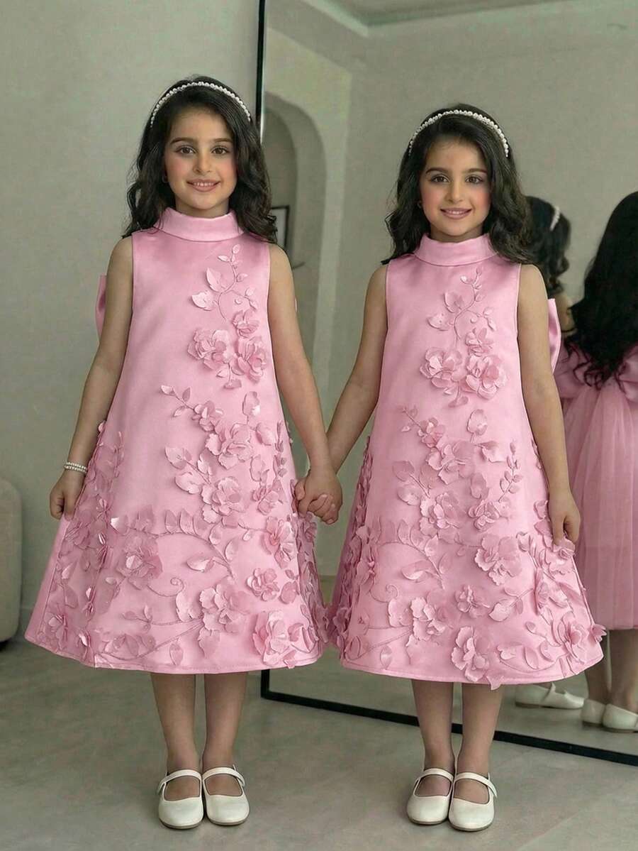 Apricot sleeveless embroidery mesh tunic princess dress for tween girls featuring appliques, stand collar, zipper closure, and short straight hem.