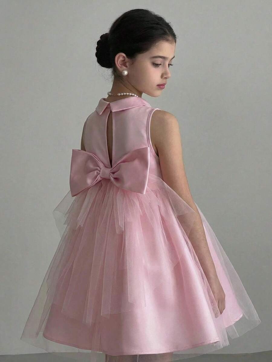 Apricot sleeveless embroidery mesh tunic princess dress for tween girls featuring appliques, stand collar, zipper closure, and short straight hem.