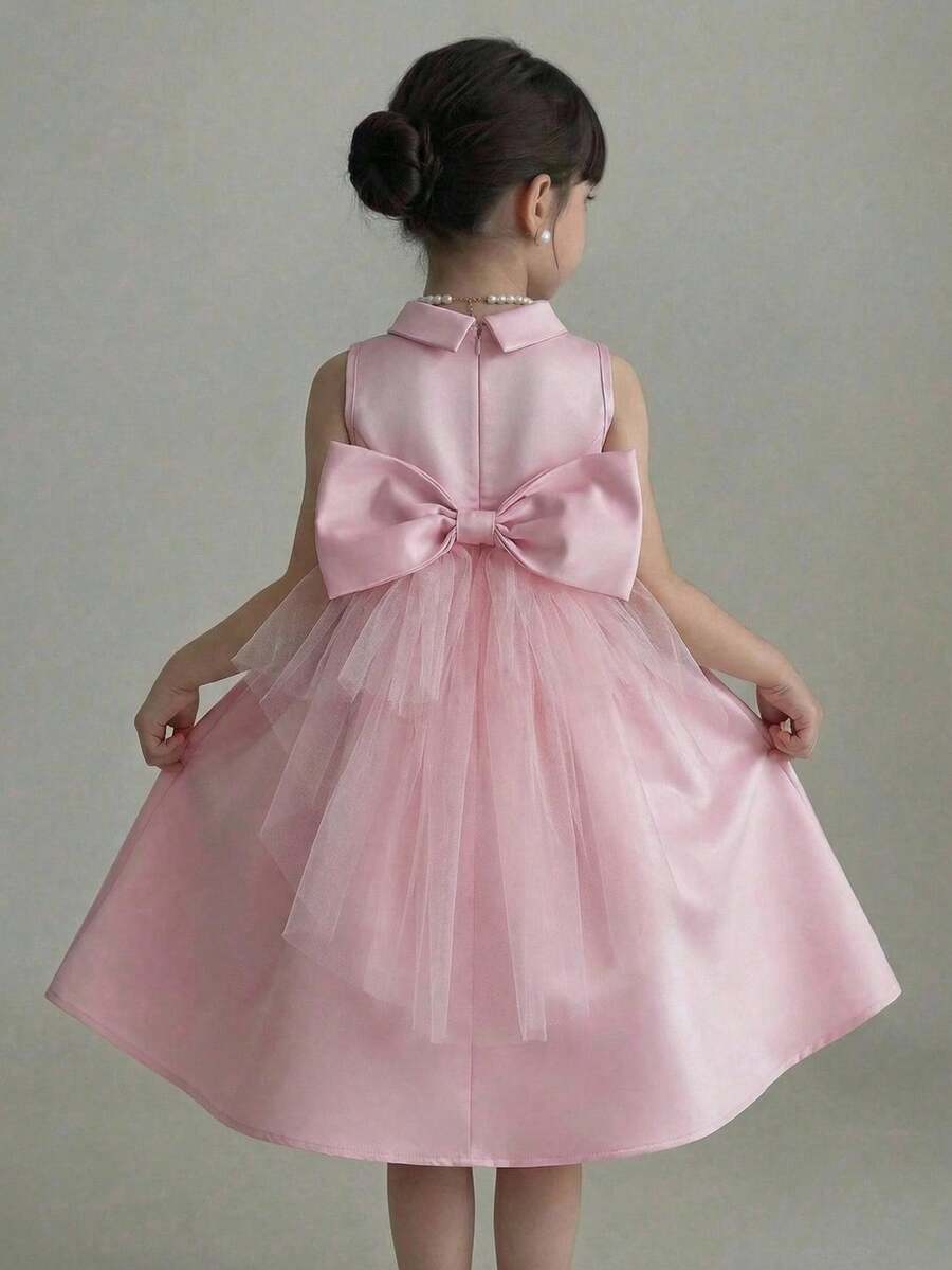 Apricot sleeveless embroidery mesh tunic princess dress for tween girls featuring appliques, stand collar, zipper closure, and short straight hem.