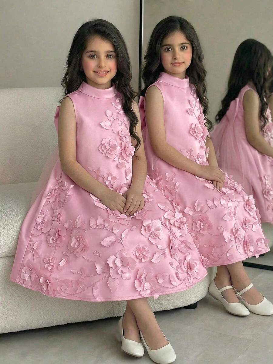 Apricot sleeveless embroidery mesh tunic princess dress for tween girls featuring appliques, stand collar, zipper closure, and short straight hem.