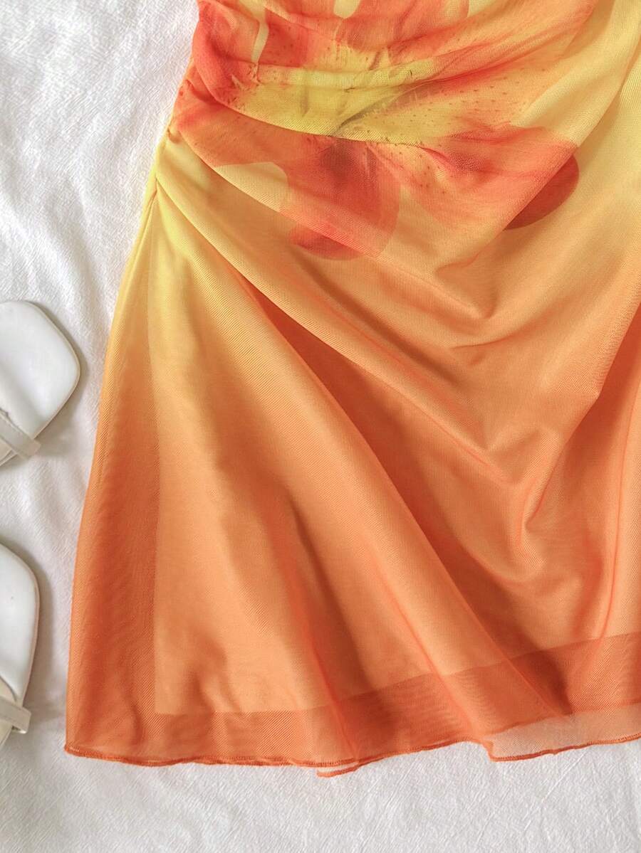 Multicolor tween girls sleeveless cami mini dress with spaghetti straps, ruched bust, shirred detail, high waist, flared hem, and zipper closure for vacation wear.